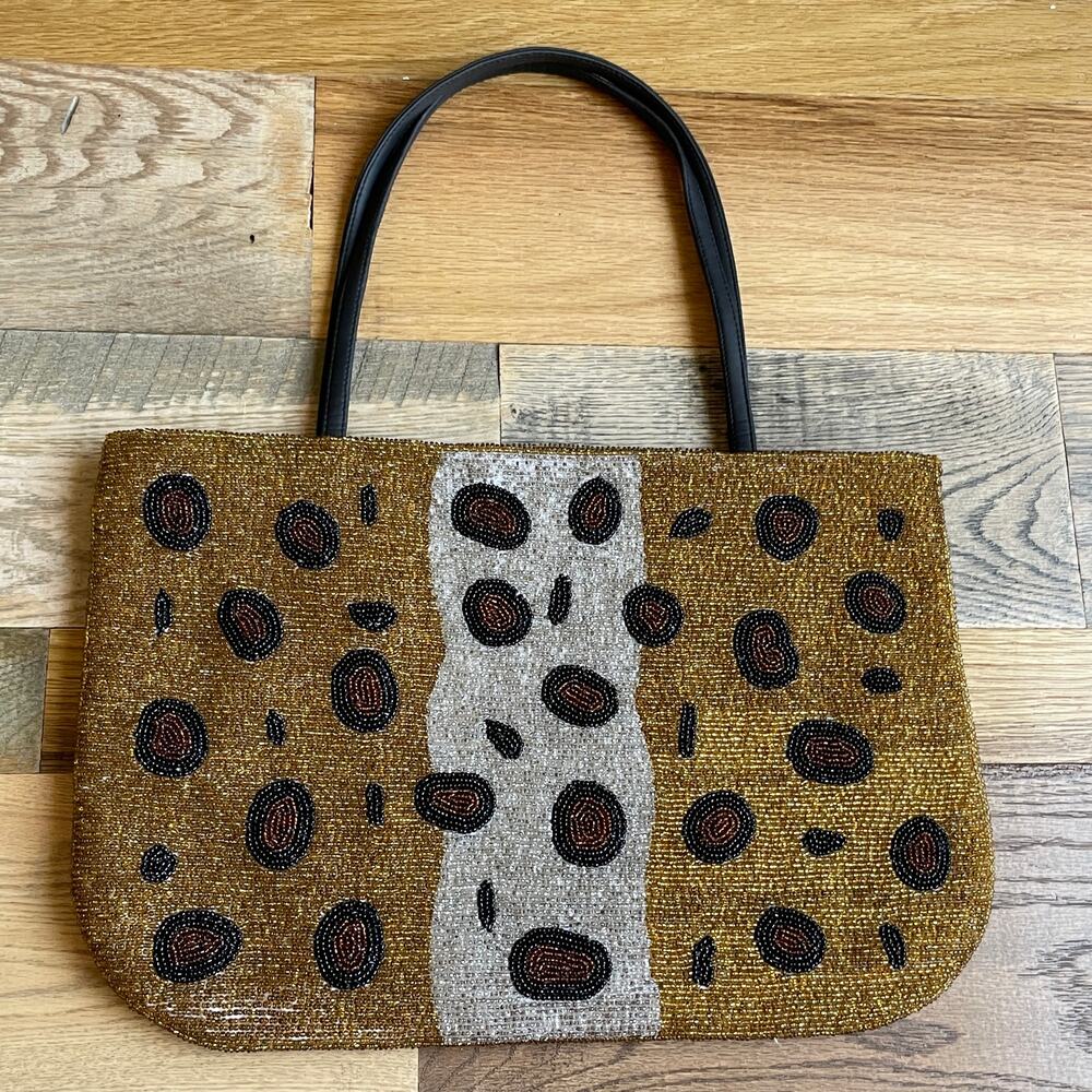 Sweet Lo New York Hand Beaded Gold Leopard Print Shoulder Bag Purse
